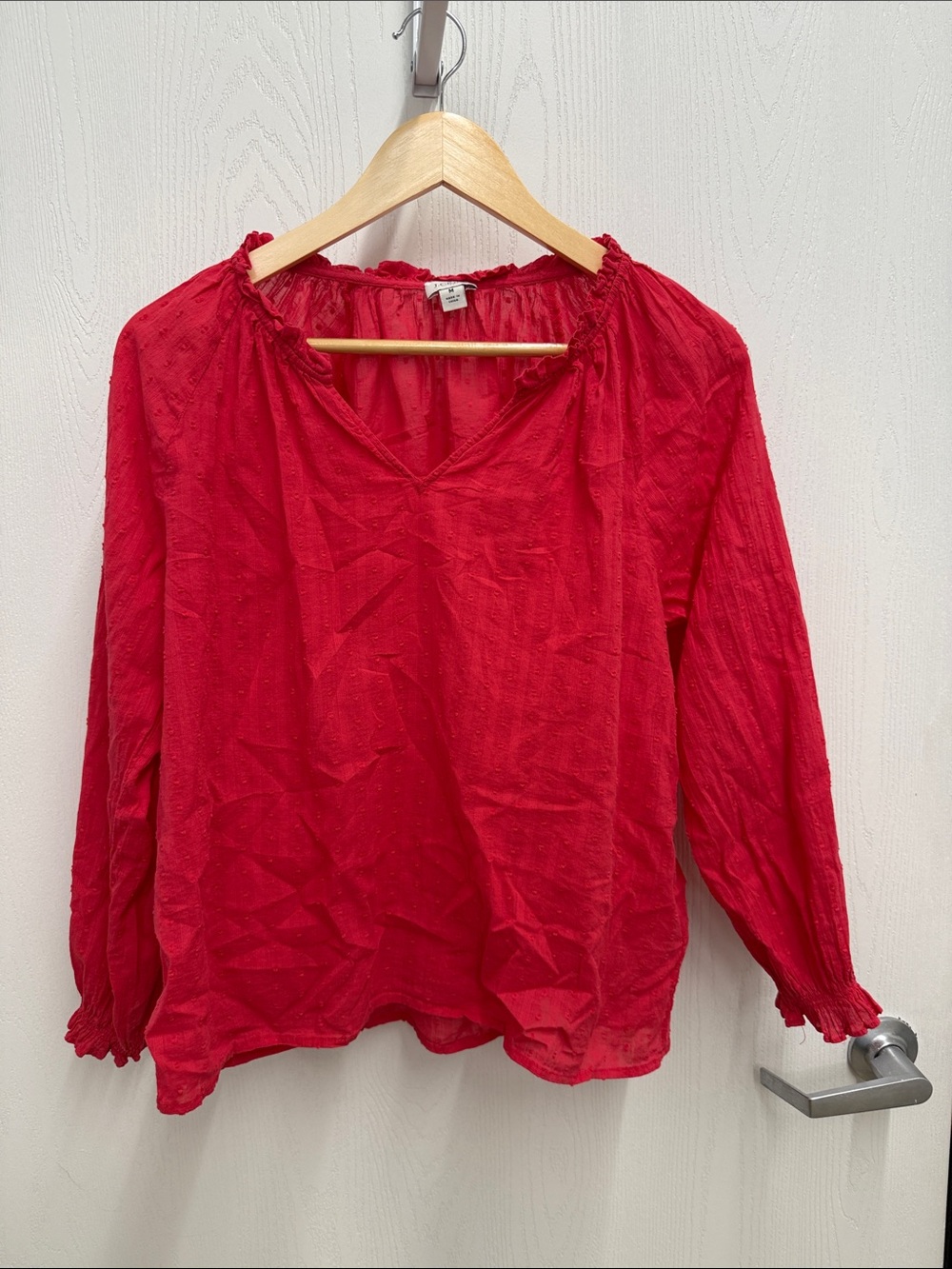 J.Crew Geranium Swiss Dot 100% Cotton Ruffle Neck Blouse.